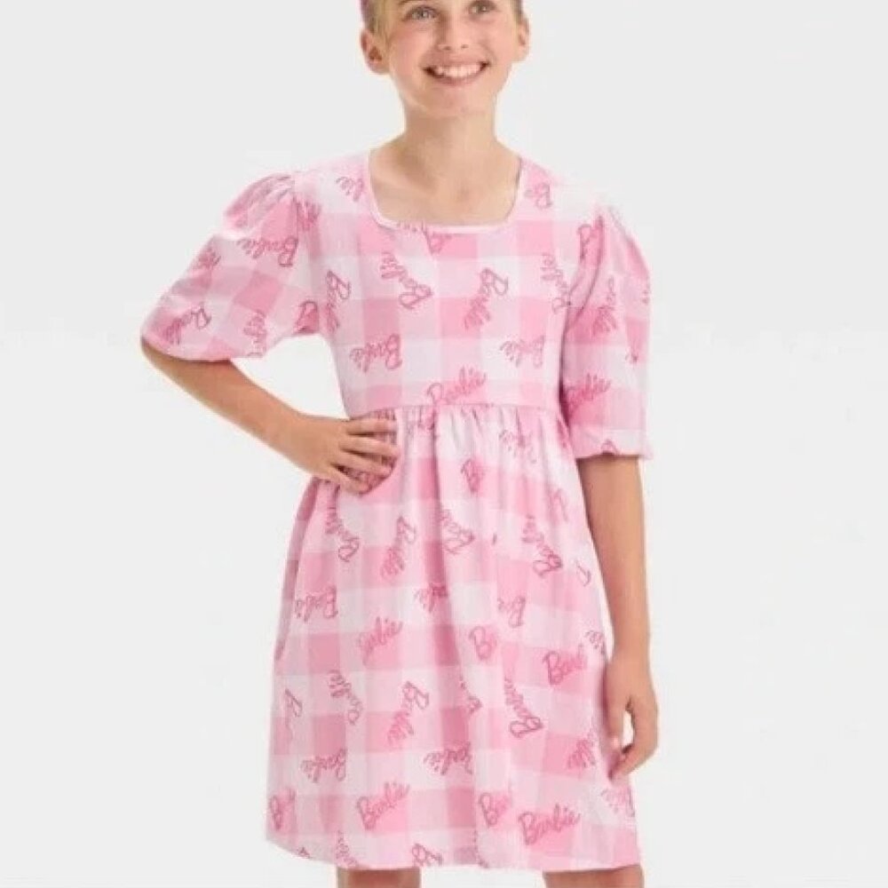 Barbie Plaid Kids Casual Dress Pink Size Large (10/12)